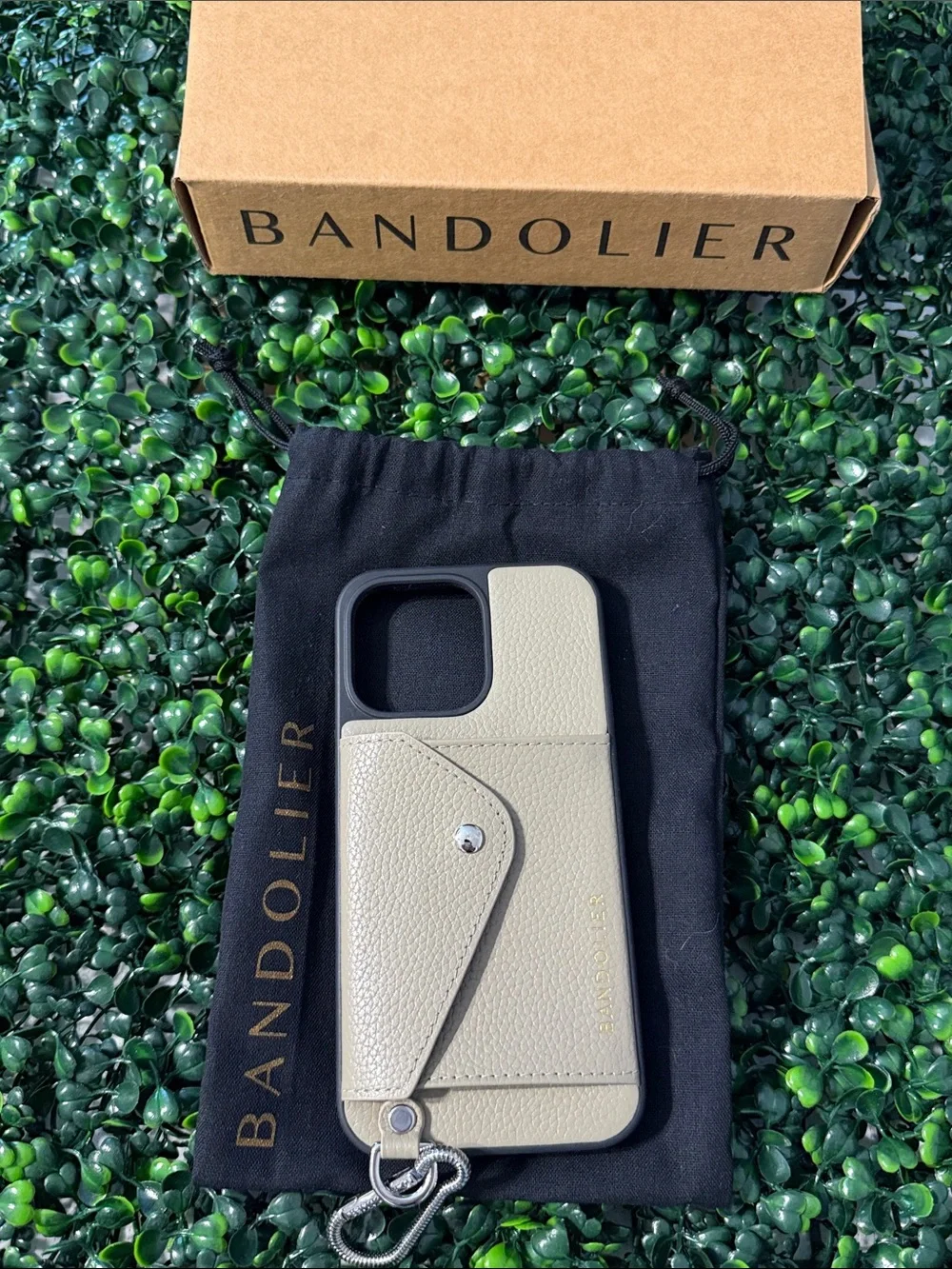 Bandolier Beige Leather Cardholder Phone Case with Strap iPhone 14 ProMax
